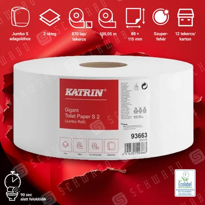 Katrin 93663 Jumbo toalettpapír, 2 rétegű, szuperfehér, 100 m, 180 mm, 12 tekercs/karton