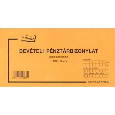 Bevételi pénztárbizonylat, B318-102/A/V, 25x3 lapos