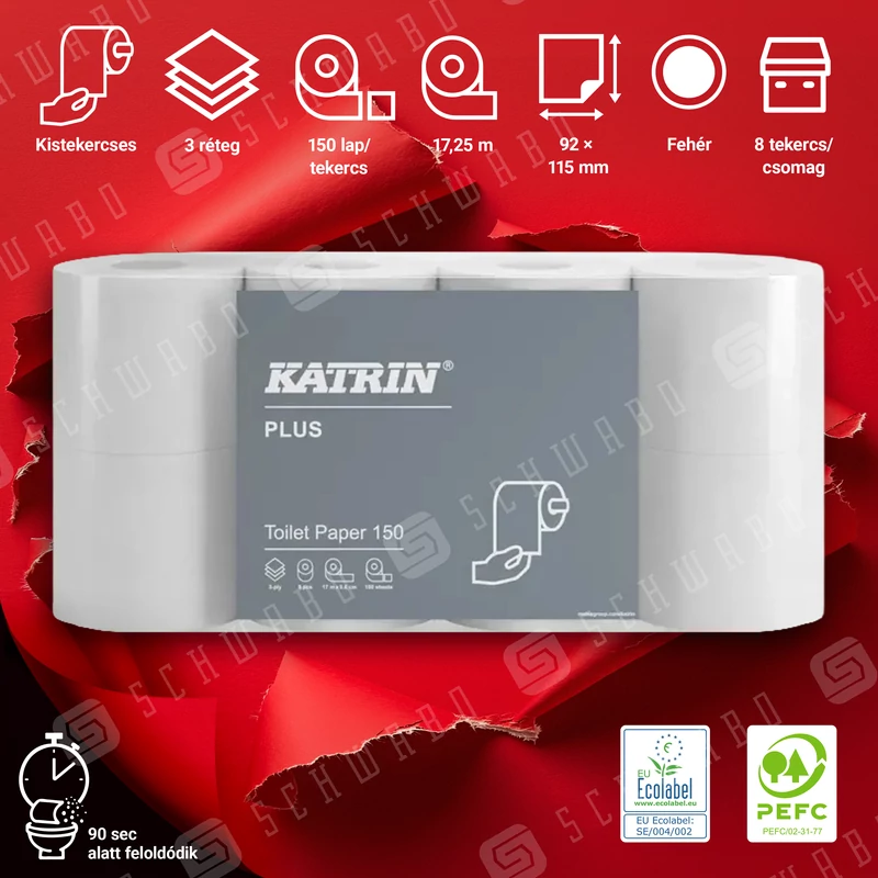 Katrin 16525 Plus toalettpapír, 3 rétegű, 150 lap, 8 tekercs