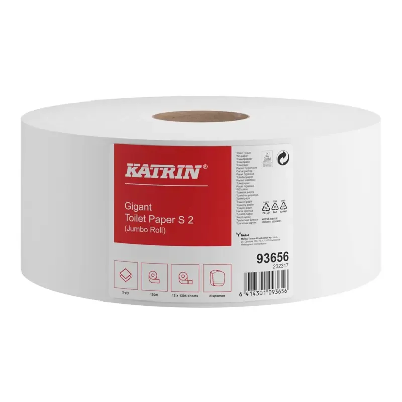 Toalettpapír Katrin Jumbo 2 rétegű szuper fehér, 150 méter, átmérő: 180 mm, 12 tekercs/karton