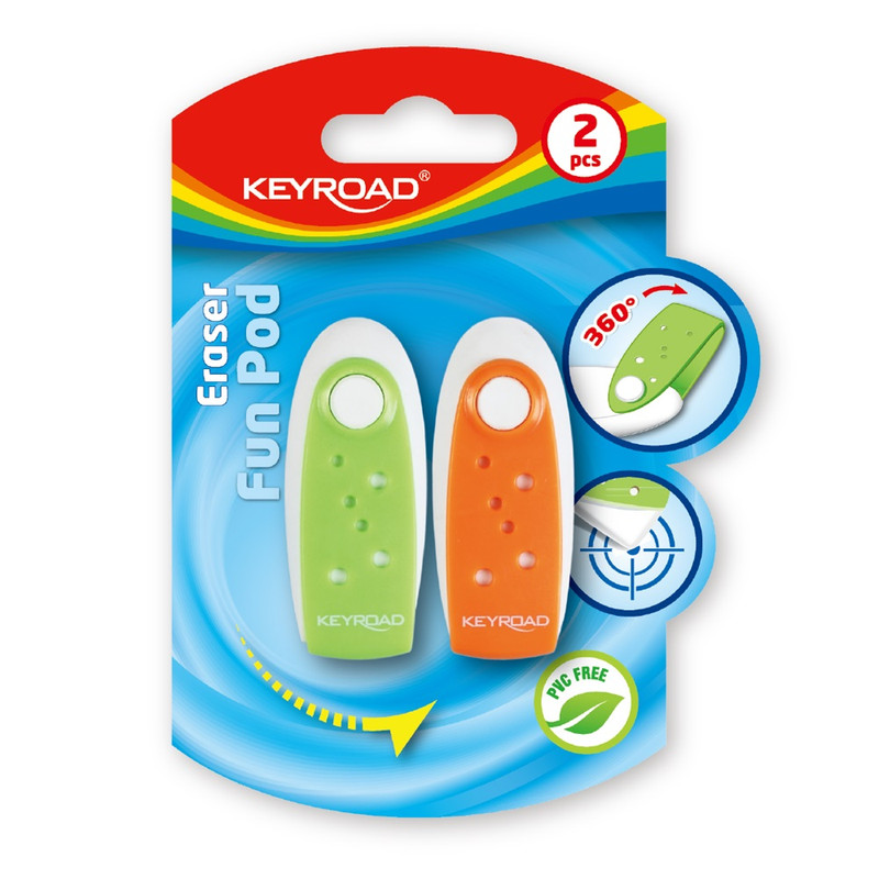 Radír, PVC mentes 2 db/bliszter Keyroad Fun Pod vegyes színek
