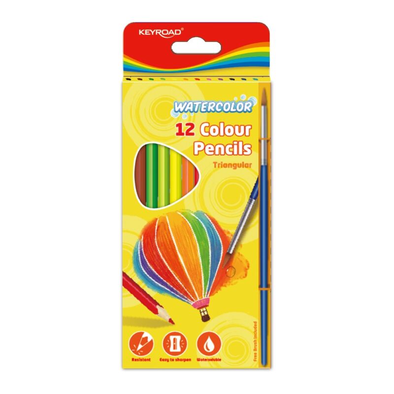 Színes ceruza készlet akvarell, háromszögletű ecsettel 12 db/bliszter Keyroad Aqua Fun vegyes színek