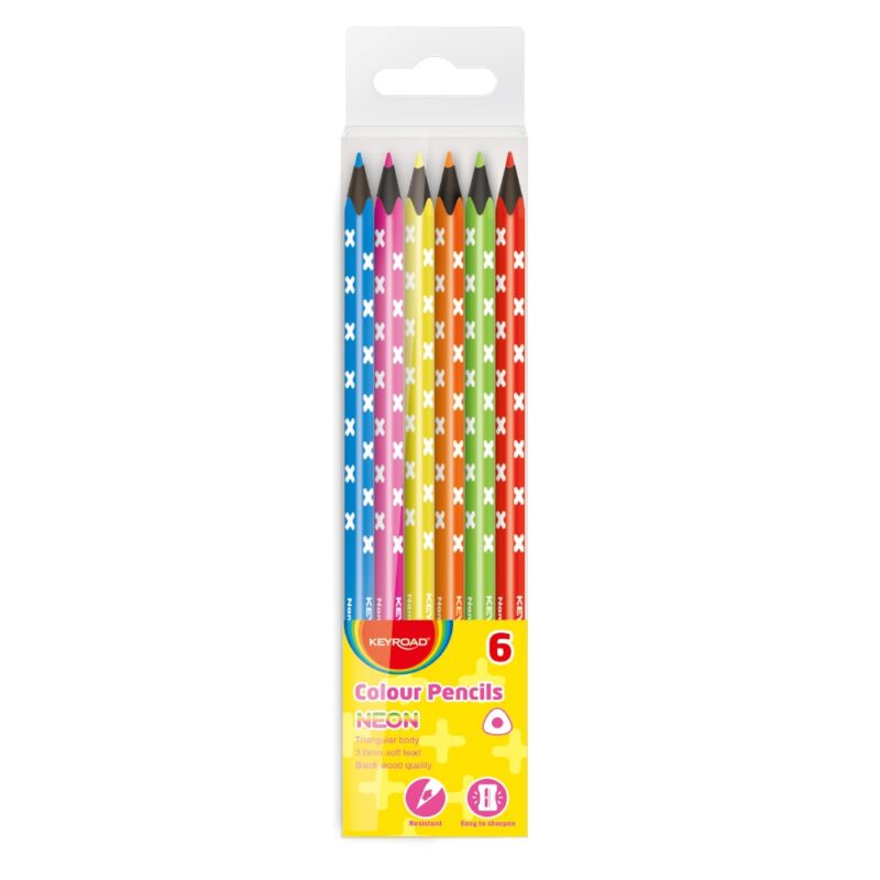 Színes ceruza készlet háromszögletű, fekete belsővel 6 db/bliszter Keyroad Neon neon színek
