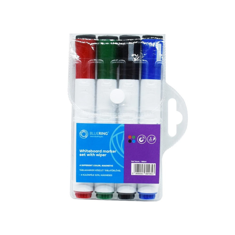 Táblamarker készlet, 3mm, mágneses, törlővel multifunkciós kerek Bluering®, 4 klf. szín Táblamarker készlet, 3mm, mágneses, törlővel multifunkciós kerek Bluering®, 4 klf. szín