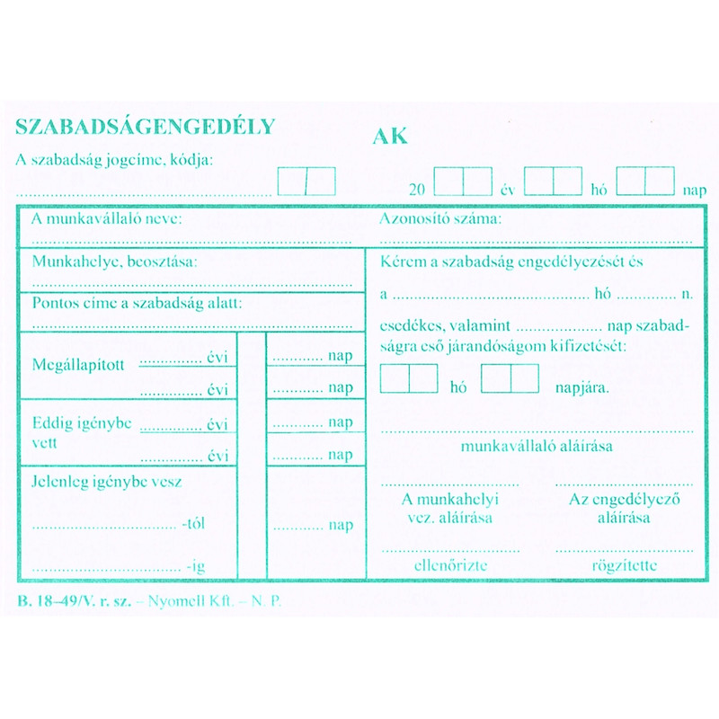 Szabadságengedély, 50 x 2 lap B. 18-49/V