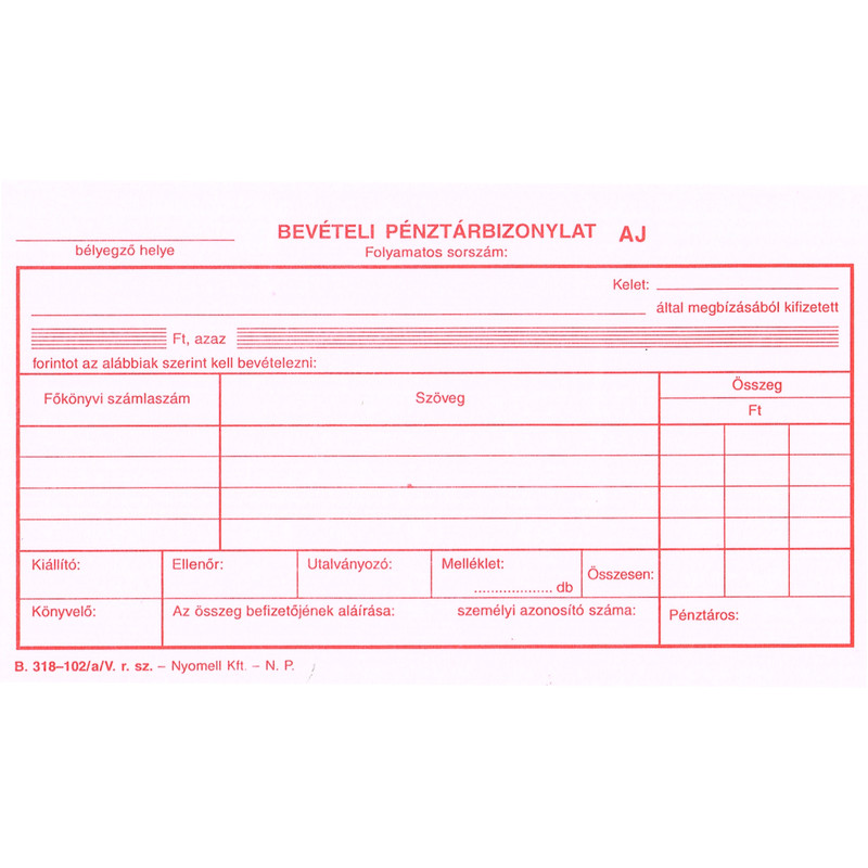 Bevételi pénztárbizonylat, B318-102/A/V, 25x3 lapos