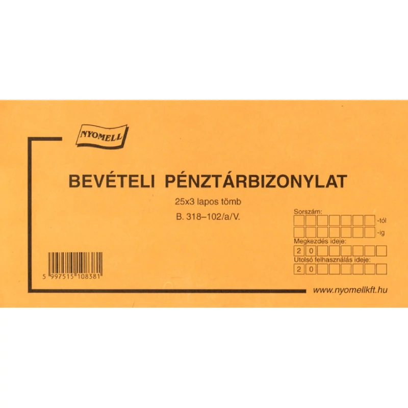 Bevételi pénztárbizonylat, B318-102/A/V, 25x3 lapos