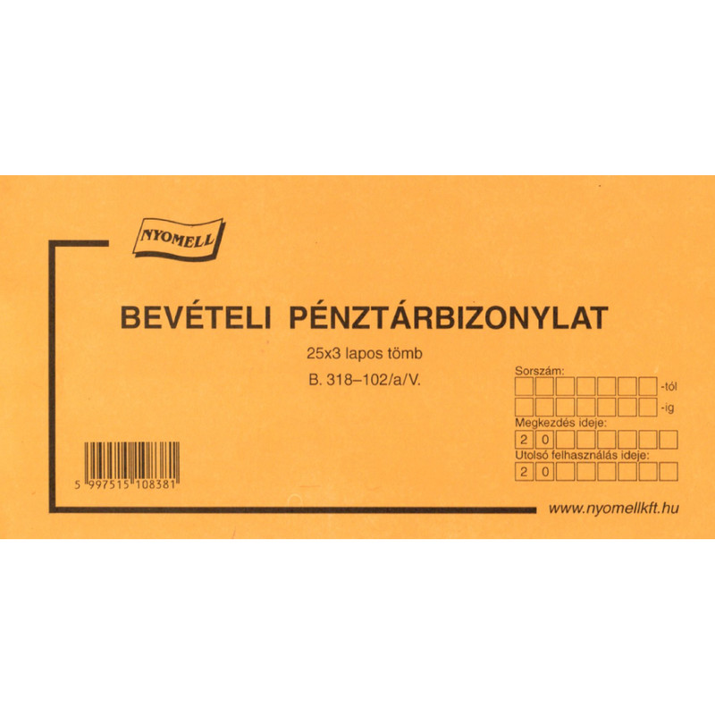 Bevételi pénztárbizonylat, B318-102/A/V, 25x3 lapos