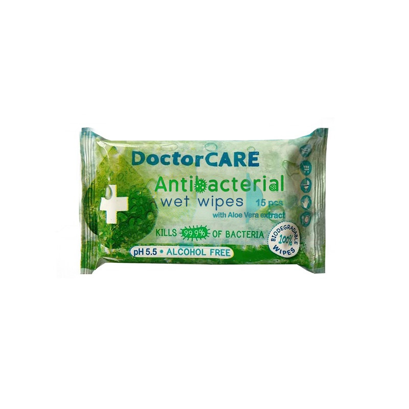 Doctor Care Antibakteriális 100%-ban lebomló nedves törlőkendő 15db