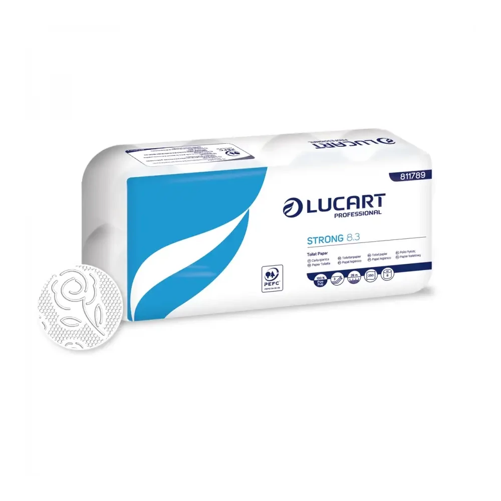 Toalettpapír 3 rétegű 250 lap/tekercs cellulóz hófehér 8 tekercs/csomag 8.3 Strong Lucart_811789P
